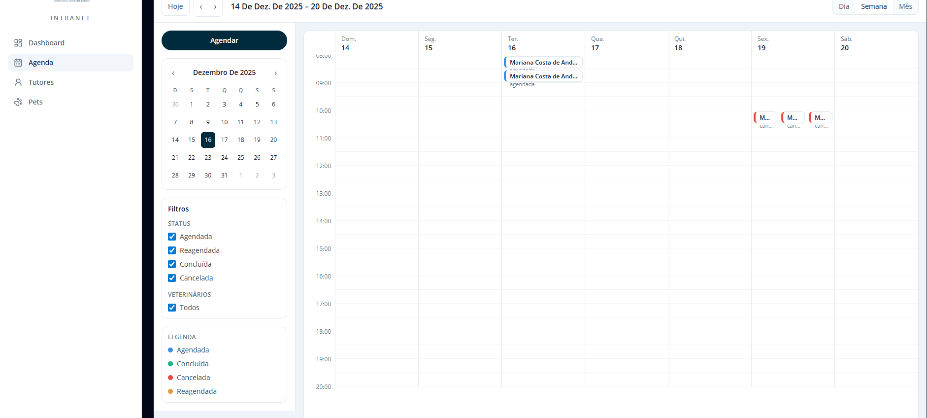 Tela de agenda da recepção