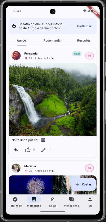 Tela do Reluvi mostrando o feed de Momentos